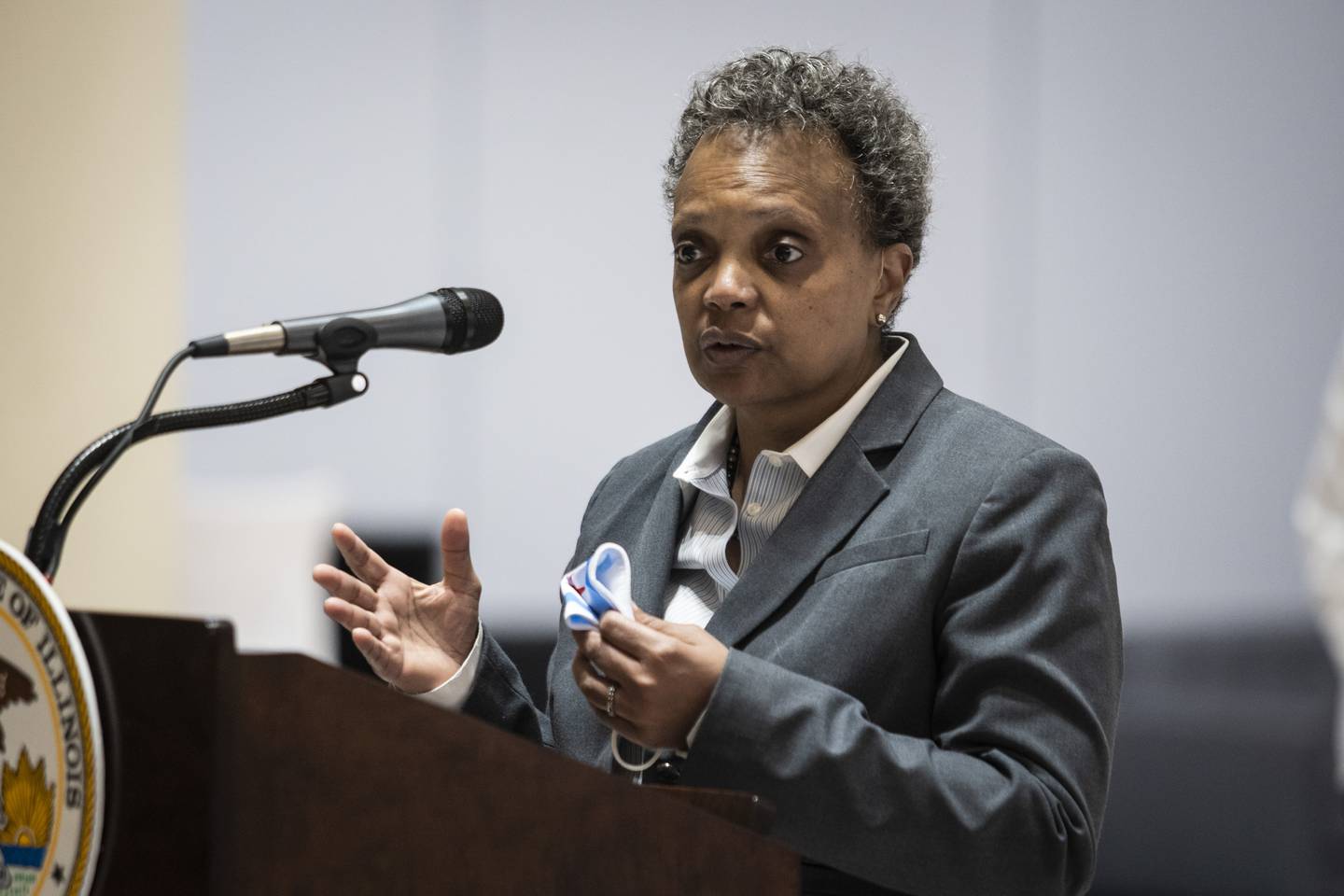 FILE - In this Monday, May 10, 2021, file photo, Mayor Lori Lightfoot speaks during a news conference in Chicago. After decades of organizing by parents, activists and unions, Chicago is on the verge of having a fully-elected school board for the first time in its history. Among the most vocal critics is first-term Mayor Lightfoot, who would lose control of a board that's been her rubber stamp, if she remains in office. (Ashlee Rezin Garcia/Chicago Sun-Times via AP)