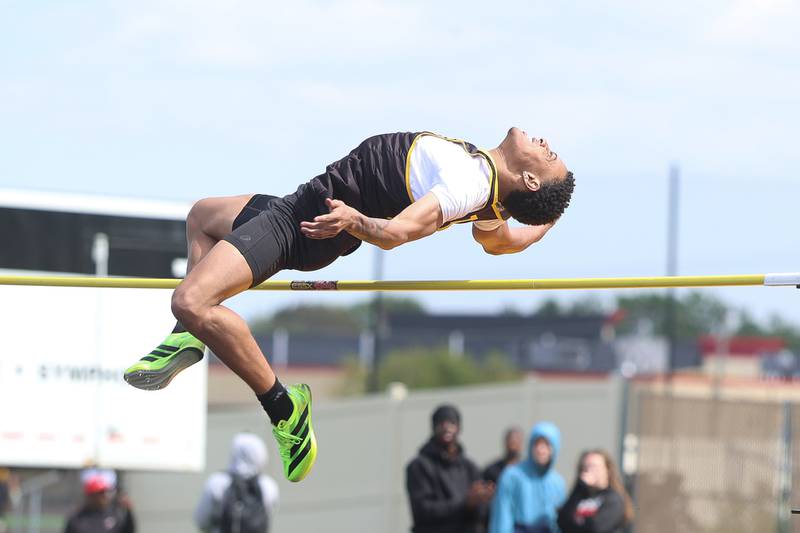 Joliet West’s Norman Sullivan wins the High Jump in the Southwest Prairie Conference boys track and field championship on Wednesday, May 13, 2026 at Joliet West High School.