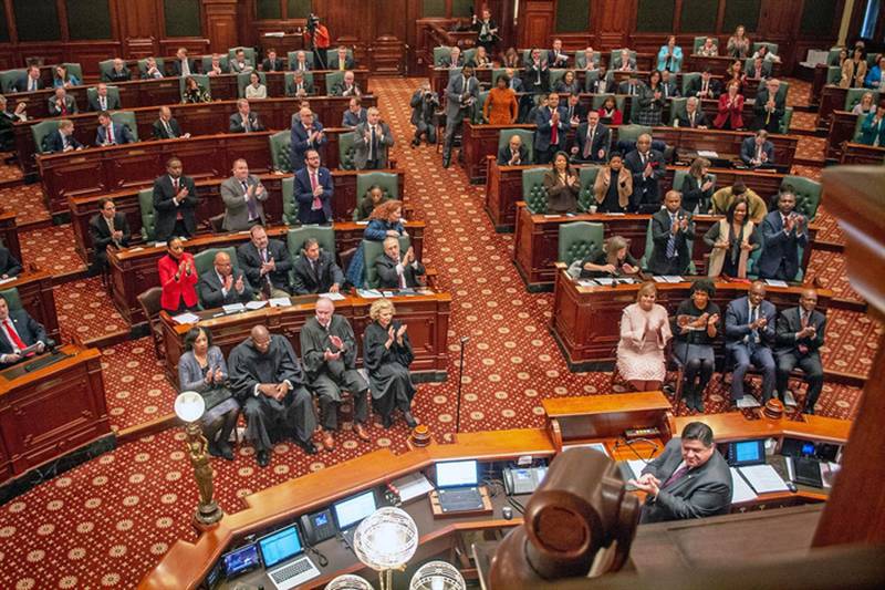 Gov. JB Pritzker is pictured during his 2020 State of the State address at the Illinois State Capitol. He will give his 2023 address on Wednesday, Feb. 15.