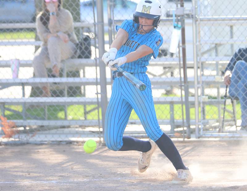 Marquette's Hunter Hopkins gets a hit against Henry-Senachwine on Thursday, April 23, 2026 at June Cross Field in Ottawa.