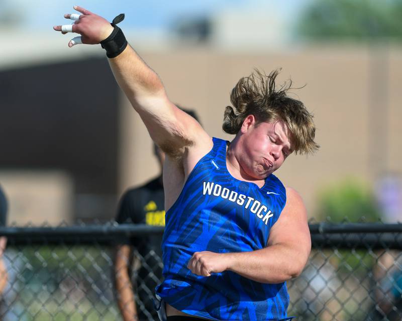 Tyler Moon of Woodstock competes in the shotput portion of the Kishwaukee River Conference track meet on Tuesday May 7, 2024, held at Plano High School.