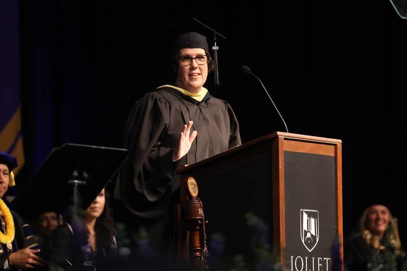 Professor Tammy Miller speaks at the Joliet Junior College Commencement Ceremony on Friday, May 19, 2023, in Joliet.