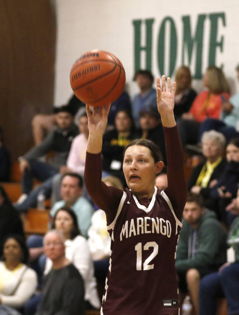 Marengo's Gabby Gieseke fires of a three-point shot on her way to winning the three-point shooting contest during the girl’s game of McHenry County Area All-Star Basketball Extravaganza on Sunday, April 13, 2025, at Alden-Hebron’s Tigard Gymnasium in Hebron.