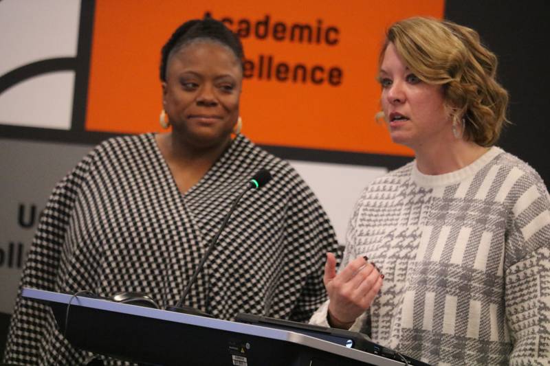 Amonaquenette Parker (left) and Jessica Nall brief the DeKalb District 428 school board at its Jan. 21, 2025, meeting