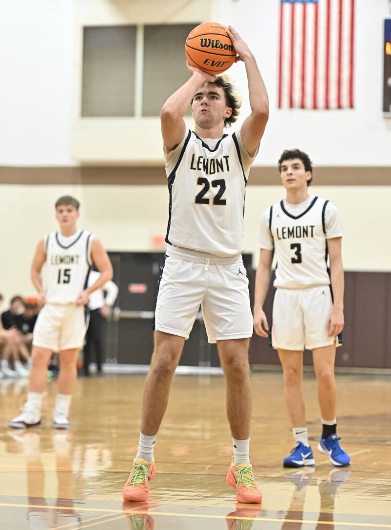 Lemont's Zane Schneider shoots a free throw during the WJOL tournament championship game against Lockport on Saturday, NOV. 29, 2025, at Joliet.