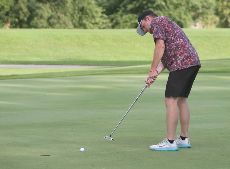 Connor Baker puts during the Illinois Valley Mens Golf Championship Tournament on Sunday, July 27, 2025 at Spring Creek Golf Course in Spring Valley.