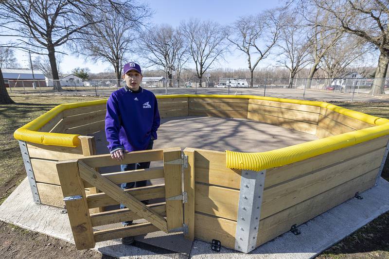 Newly honored Eagle Scout Gabe Buelvas stops by to check on the gaga ball pit at Vaile Park in Dixon Thursday, Feb. 29, 2024. Buelvas’ Eagle Scout project was to plan, design and build the pit.