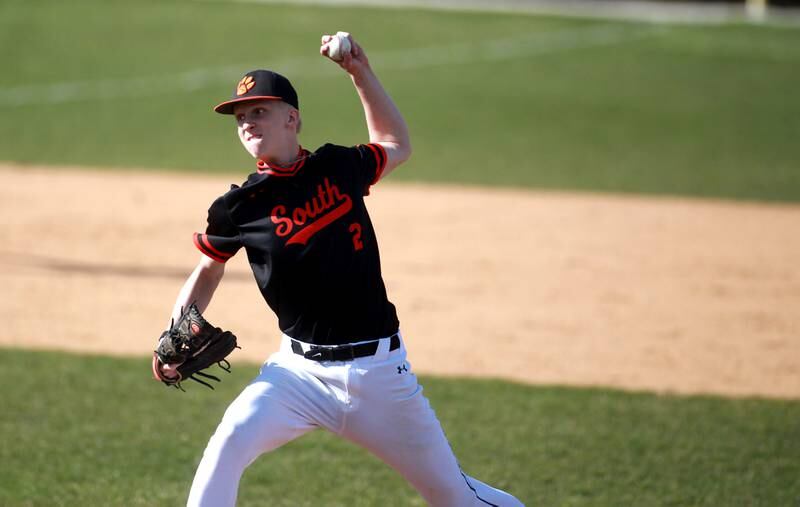 Wheaton Warrenville South's Drew Eger pitches during a game against Geneva on Monday April 14, 2025 in Wheaton.