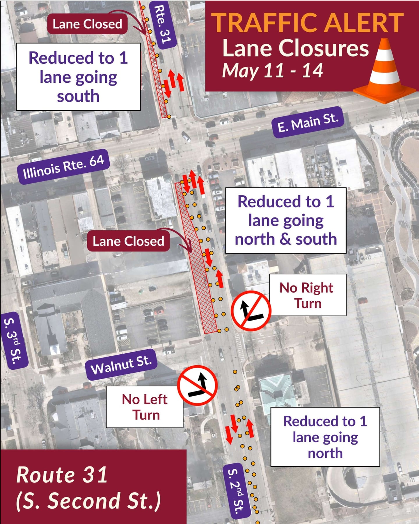 The city of St. Charles posted traffic patterns during construction work starting May 11, 2026.