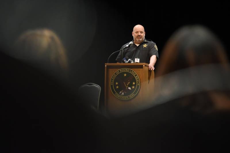 Round Lake Beach Police Chief Gilbert Rivera speaks at a community gathering of support on Wednesday, June 15, 2022, at the Round Lake Beach Cultural and Civic Center after Monday’s killing of three young siblings.
