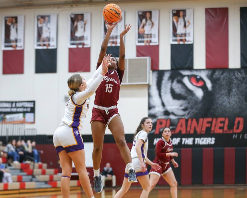 Plainfield North's Anaya Patterson (15) shoots a jumper during their Regional Final basketball game between Downers Grove North at Plainfield North. Feb 20, 2025 in Plainfield.