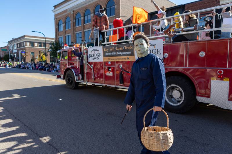Michael Meyers looks back in the Sycamore Pumpkin Festival parade  on Sunday Oct. 26,2025 in Sycamore.