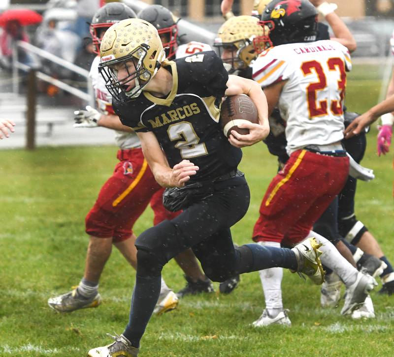 Polo's JT Stephenson (2) runs with the ball against St. Anne during I8FA playoff action on Saturday, Nov. 8, 2025 at Polo High School.