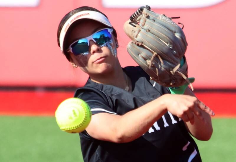 Huntley’s Sadie Svendsen rifles a throw to first base for an out against Barrington in IHSA Class 4A Sectional Title Game softball action at the Fields of Dreams on the campus of Barrington High School in Barrington on Friday, June 6, 2025.