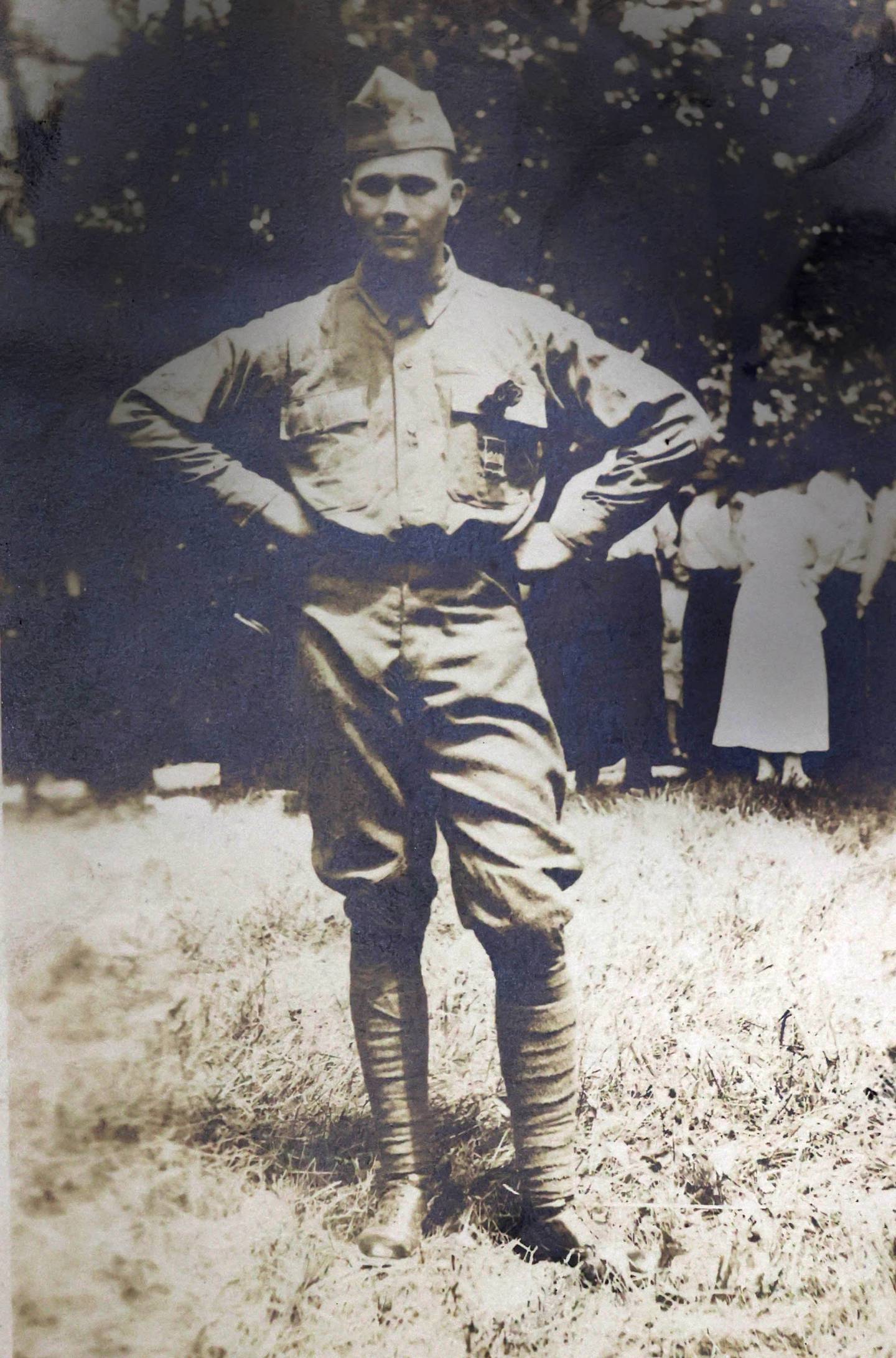 A photo of WWI U.S. Army soldier Albert Leonhard inside a service record book that was purchased by DeKalb resident John Wright at a local estate sale.