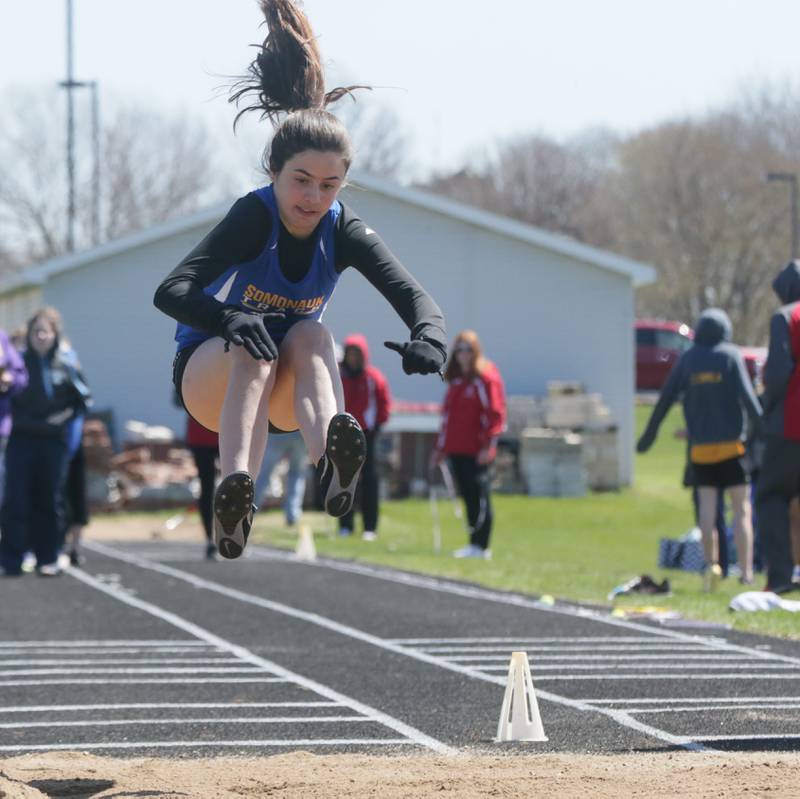 Somonauk's Naroa Iturrioz does the long jump during the Rollie Morris Invite on Saturday, April 16, 2022 at Hall High School in Spring Valley.