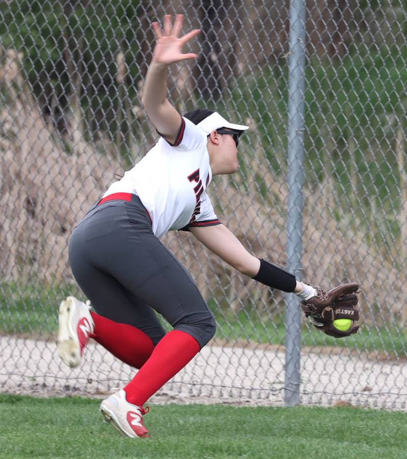 Ottawa’s Zulee Moreland saves some runs with a bases loaded two-out catch during their game against Sycamore Thursday, May 2, 2024, at Sycamore High School.