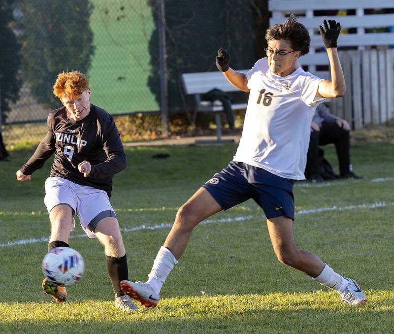 Sterling’s Kevin Ruiz looks to block a shot by Dunlap’s Brayden Hunt Wednesday, Oct. 23, 2024, during the class 2A soccer regional semifinal in Geneseo.