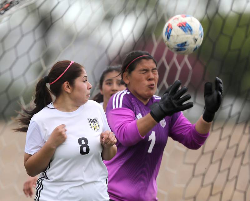 Harvard's Jarithsie Mercado Vergara can’t stop the ball as Johnsburg scores their third goal during a Kishwaukee River Conference soccer match on Wednesday, April 27, 2026, at Johnsburg High School.