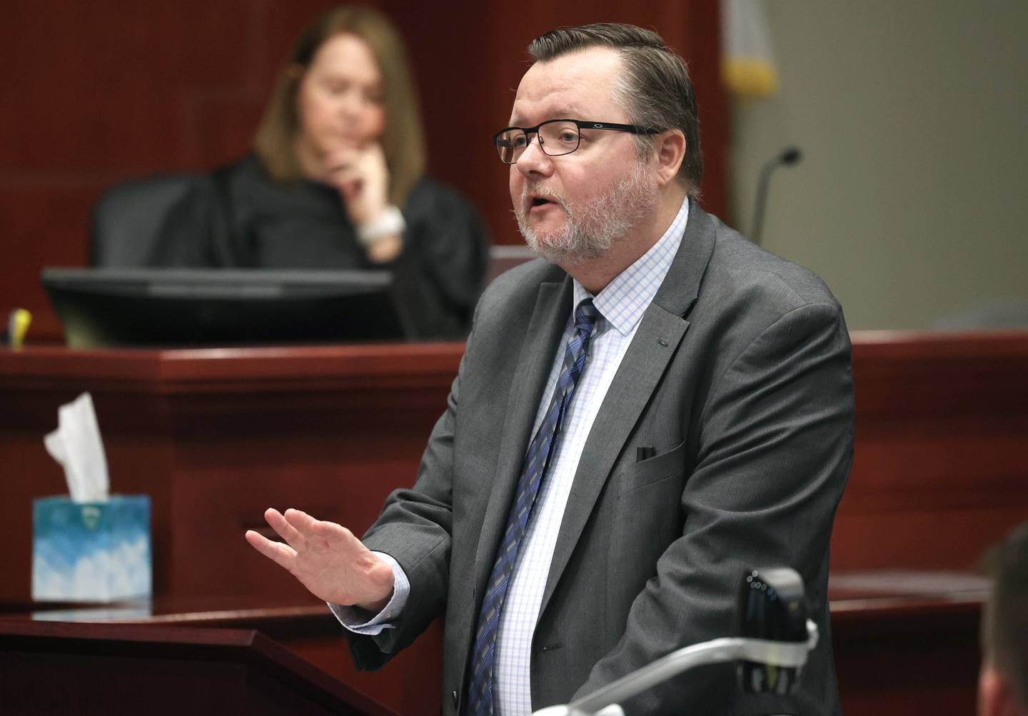 Chip Criswell, lead defense attorney for Jonathan D. Hurst, presents his closing argument Thursday, Jan. 30, 2025, during day six of the Hurst trial at the DeKalb County Courthouse in Sycamore. Hurst is charged in the 2016 killings of elderly mother and son Patricia and Robert Wilson in Sycamore.
