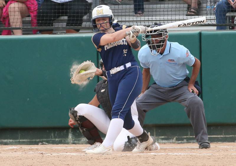 Marquette's Makayla Backos strikes out swinging against LeRoy during the Class 1A Supersectional game on Monday, May 29, 2023 at Illinois Wesleyan University in Bloomington.