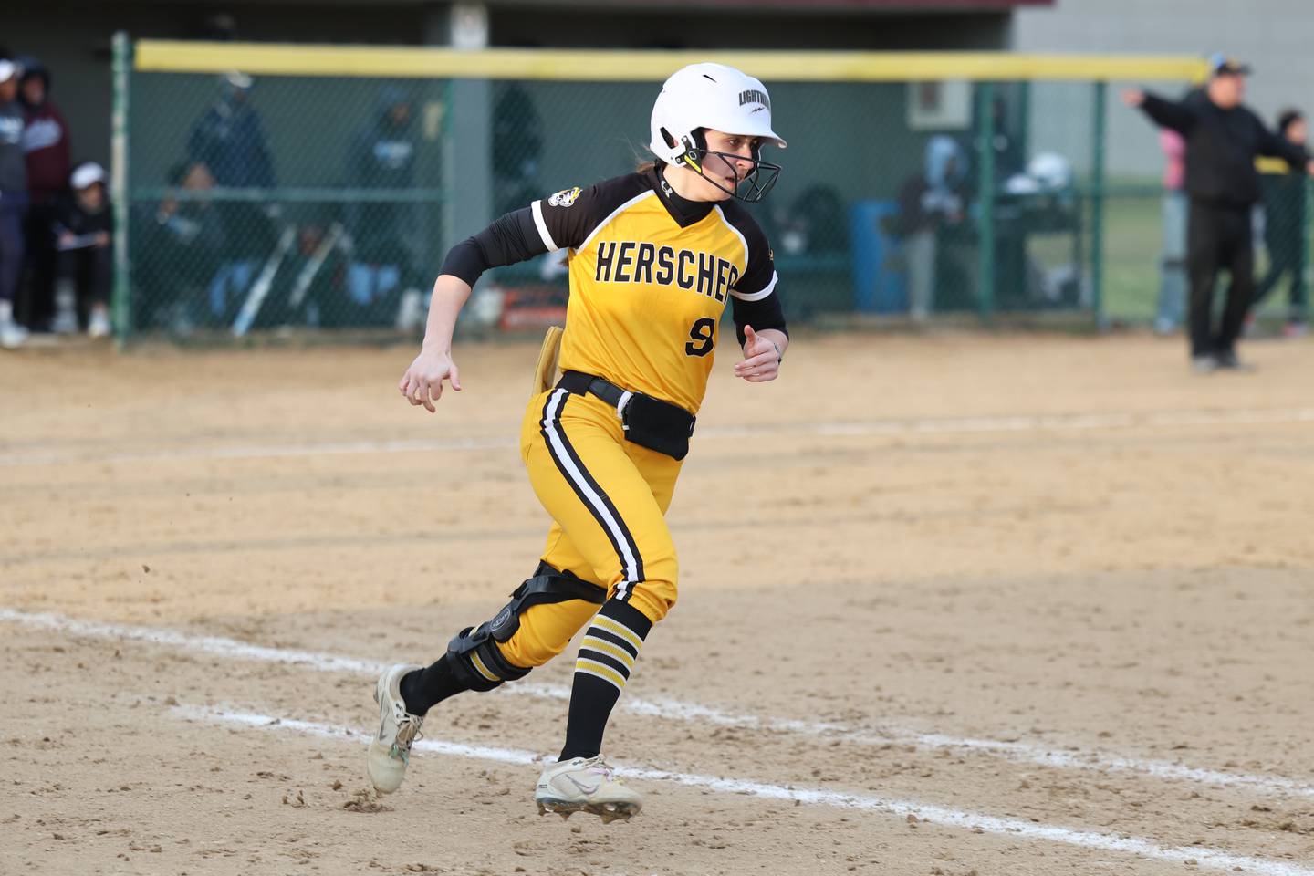 Herscher's Keira Ahramovich prepares to round first bast during the Tigers' 16-6 victory over Kankakee on Friday, March 21.