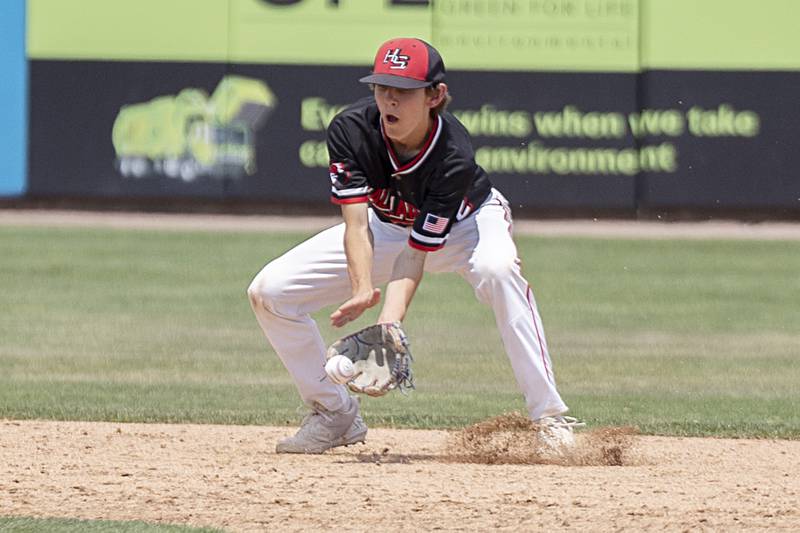 Henry-Senachwine’s Carson Rowe picks a ball at short against Gibrault Saturday, June 3, 2023 during the IHSA class 1A championship baseball game.