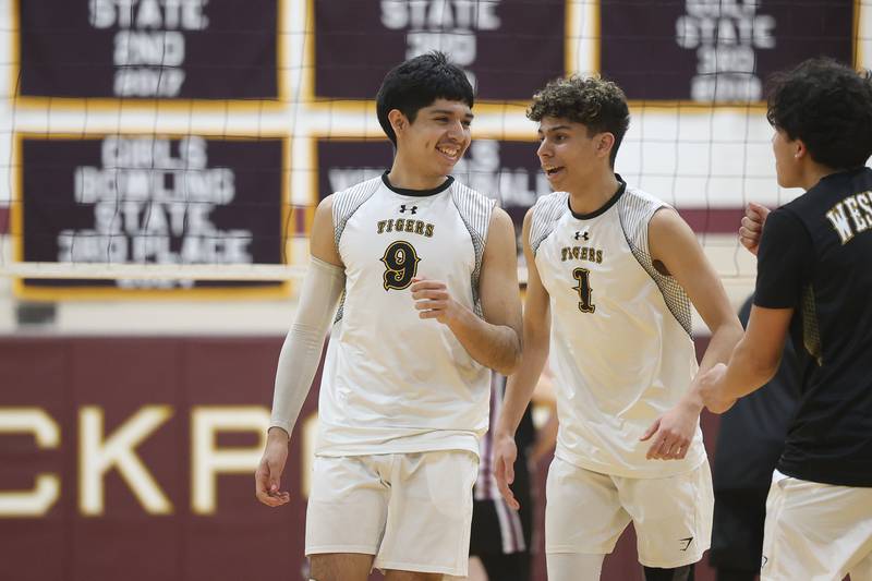 Joliet West’s Jafet Cerda (9) celebrates a point against Lockport on Tuesday, March 31, 2026 in Joliet.