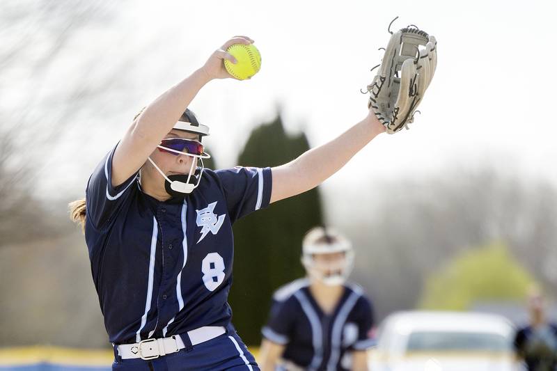 Bureau Valley’s Carly Reglin winds up for a pitch against Newman Wednesday, April 16, 2025.
