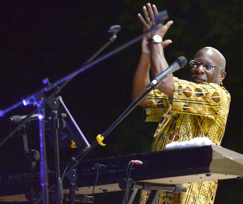 Robert Presley was on the keyboards for Brass from the Past at the Jamboree concert in downtown Mt. Morris on Friday, Aug. 1, 2025.