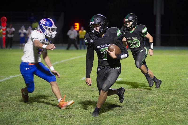 Rock Falls’ Vincent Lombardo picks up yards Friday, Sept. 23, 2022 against Genoa-Kingston.