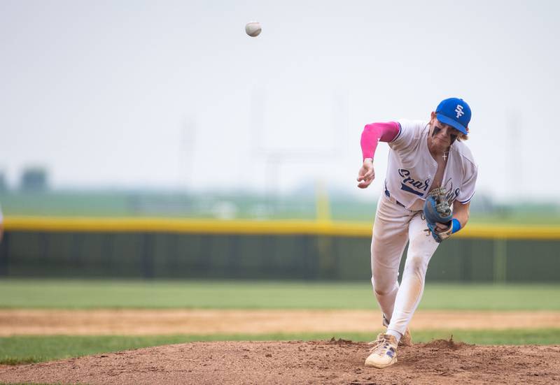 St. Francis High School pitcher Nolan Galla pitches during the Class 3A Kaneland Sectional final against Benet Academy at Kaneland High School in Maple Park on Saturday, June 7, 2025.