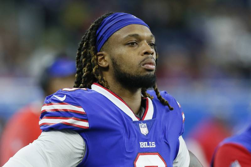 Buffalo safety Damar Hamlin looks on while the Buffalo Bills play the Cleveland Browns, Nov. 20, 2022, in Detroit.