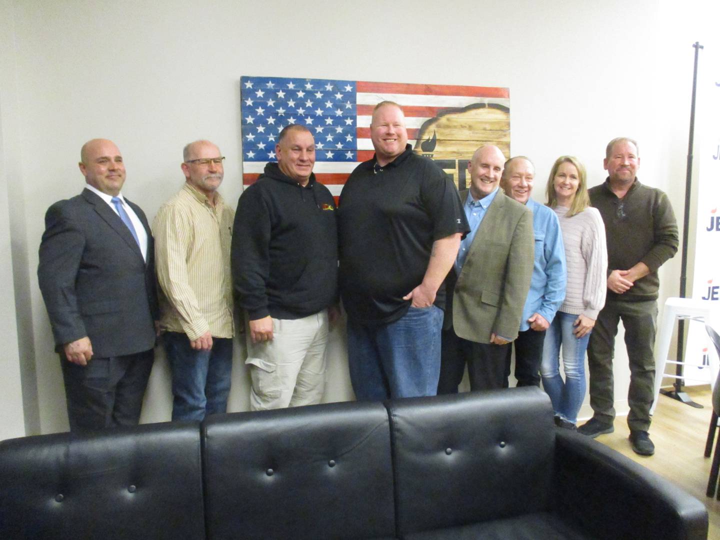 Candidates for Bristol-Kendall Fire Protection District include, from left, Richard Vinyard, Richard Huseman, John Hardy, Kristopher Lackey, Scott Harmon, David Guss, Kelly Pleva and Darin Peterson. They appeared at a candidate forum on Feb. 13, 2023 in Yorkville.