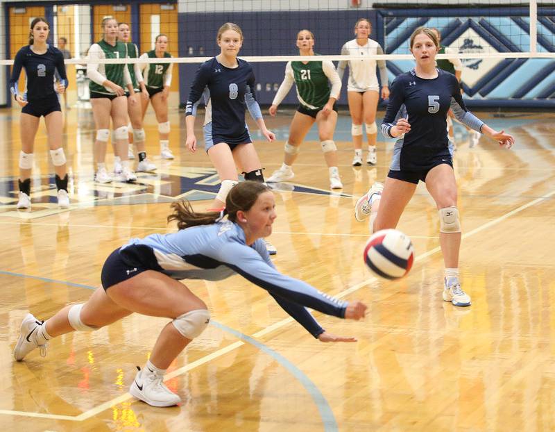 Bureau Valley's libero Lesleigh Maynard saves the ball against St. Bede on Tuesday, Sept. 5, 2023 at Bureau Valley High School.