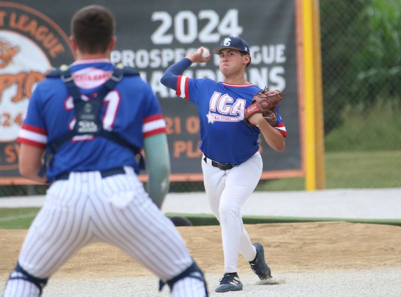 Plainfield North's Pablo Herrers warms up during the ICA Senior Baseball All Star Game on Monday, June 30, 2025 at Schweickert Stadium in Peru.