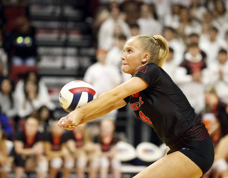 Benet Academy's Morgan Asleson (4) during the IHSA Class 4A girls volleyball championship match Saturday, Nov. 16, 2024 at CEFCU Arena in Normal.