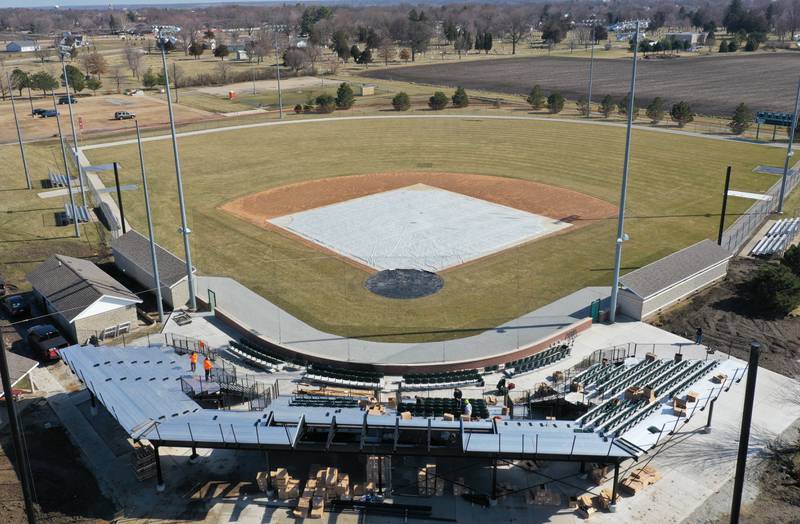Workers from Hayden Construction installed box seats at Schweickert Stadium on Monday, March 6, 2023 in Peru. The stadium home of the Pistol Shrimp grandstand was approved by the Peru City Council last June. This phase included 575 box seats, a new grandstand and press box.