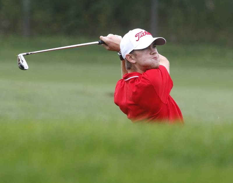 Huntley’s Nooa Hakala hits a fairway shot on the fifth hole during the IHSA Class 3A Hampshire Regional golf tournament on Wednesday, Sept. 27, 2023, at Randall Oaks Golf Club in West Dundee.