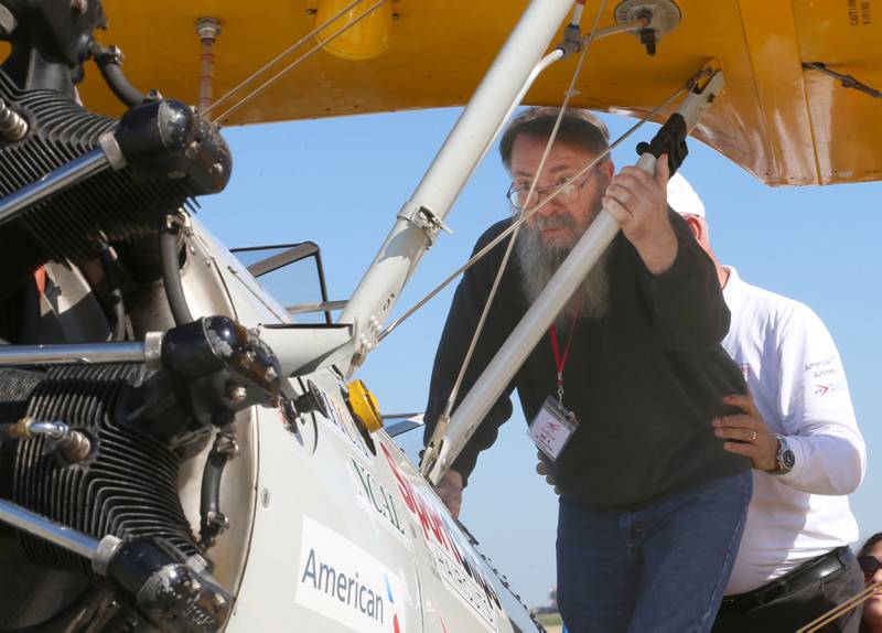 Veteran Carl Bortalami of Peru, gets ready to depart in a 1942 Boeing Stearman A-75 Primary Trainer during a Veteran Dream Flight on Tuesday, Sept 2, 2025 at the Illinois Valley Regional Airport in Peru.