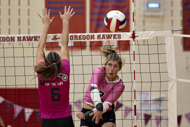 Rock Falls’ Claire Bickett hammers a shot down the line Tuesday, Oct. 11, 2022 against Oregon.