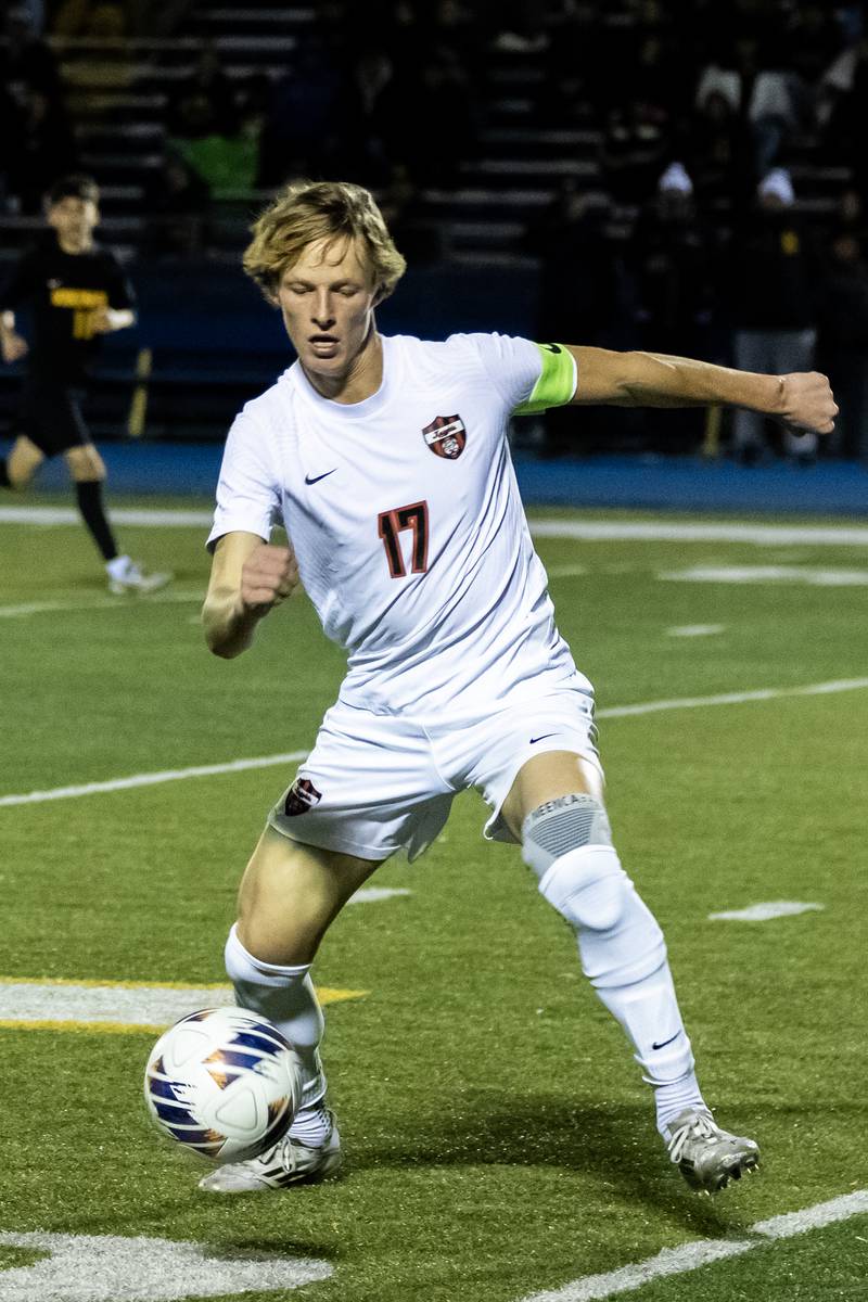 Lincoln-Way Central's Derrick Rafacz takes control of the ball during a Class 3A Boys Soccer Super-Sectional game against St. Laurence at Lyons Township High School’s South Campus on Nov. 3, 2025.