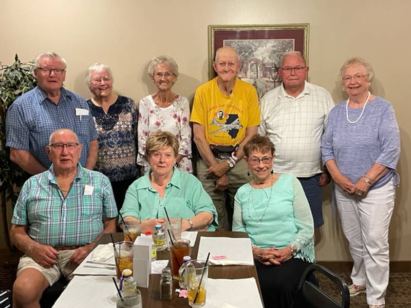 Nine of 14 members of THS ‘56 met for lunch recently.  They are: (seated) Richard Travis, Joy (Murphy) Yucus, Alice (McCauley) Malloy, and (standing) John Brokaw, Janice (Stalter) Sash, Dee Ann (Schertz) Nelson, Leo “Bud” McCauley, David Miller and Judy (Pearson) Glaser.