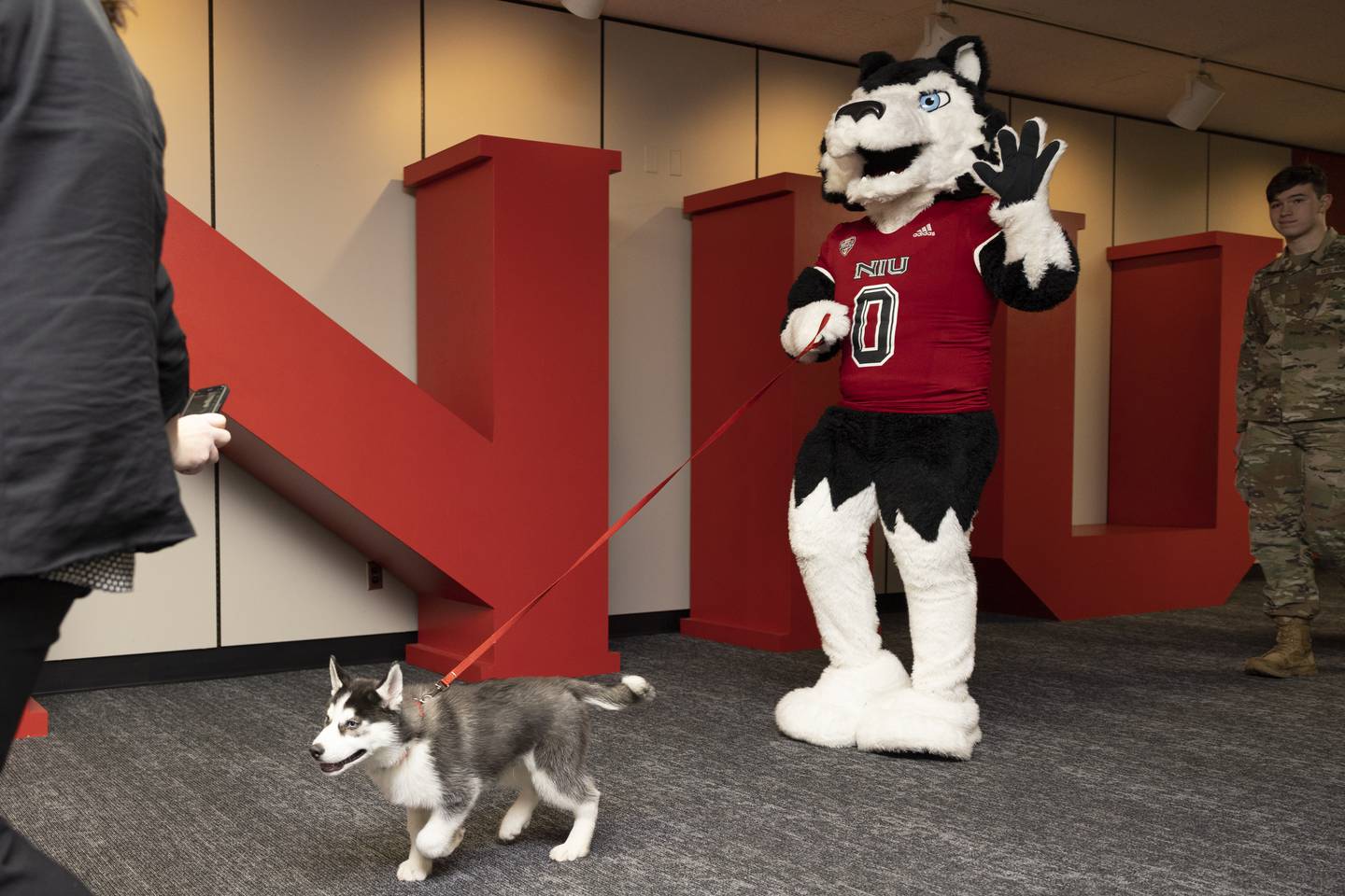 Mission III enters his introduction, Friday, Jan. 27, 2023, along with Victore E. Huskie at Northern Illinois University. (Photo provided by Northern Illinois University)