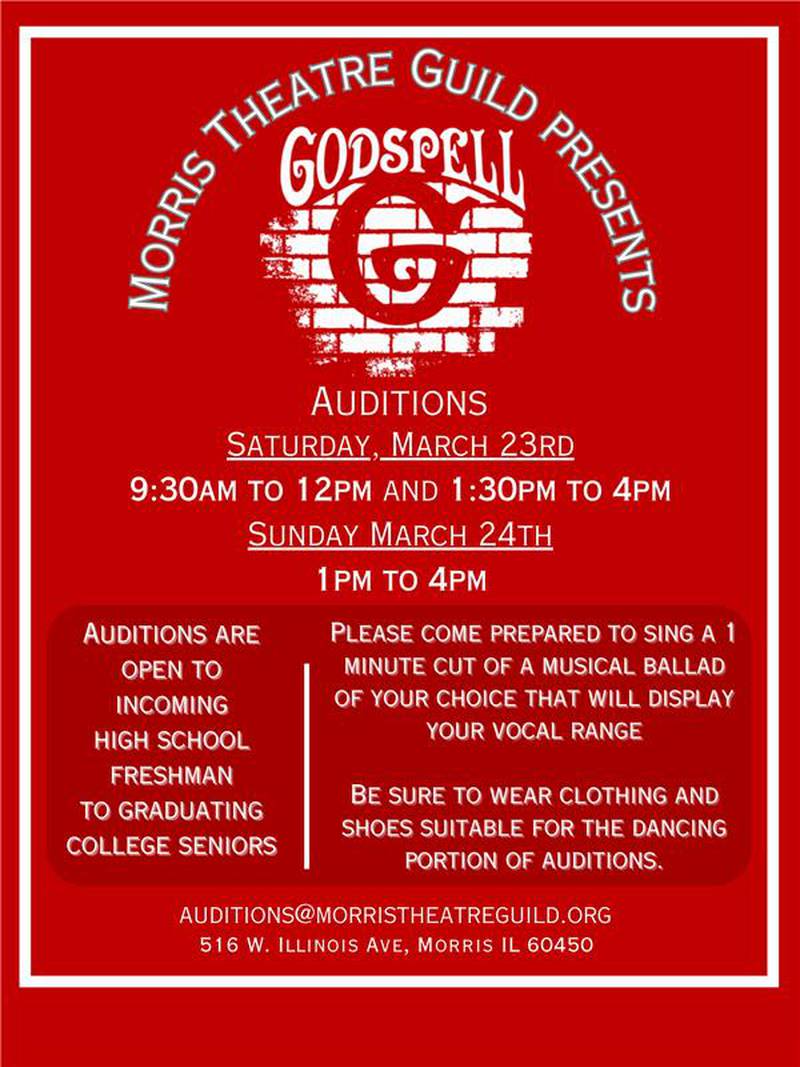 The flyer for the Morris Theatre Guilds' auditions for "Godspell."