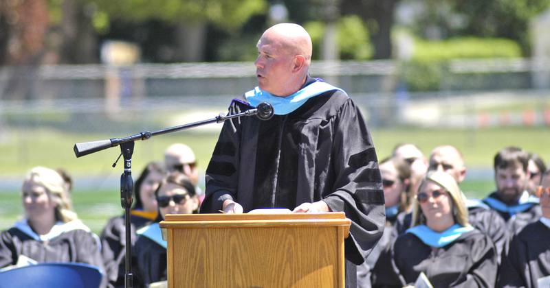 Dr. R. Tad Everett, Superintendent of Sterling schools, talks with the graduates. The Sterling Class of 2025 Commencement Ceremony was held on Sunday, May 18, 2025 at Roscoe Eades Field in Sterling.