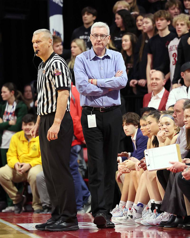 Benet Academy's Benet Academy's head coach Joe Kilbride reacts to the offensive stall tactics of O’Fallon during the first quarter of the IHSA Class 4A girls basketball championship game at the CEFCU Arena on the campus of Illinois State University Saturday March 4, 2023 in Normal.