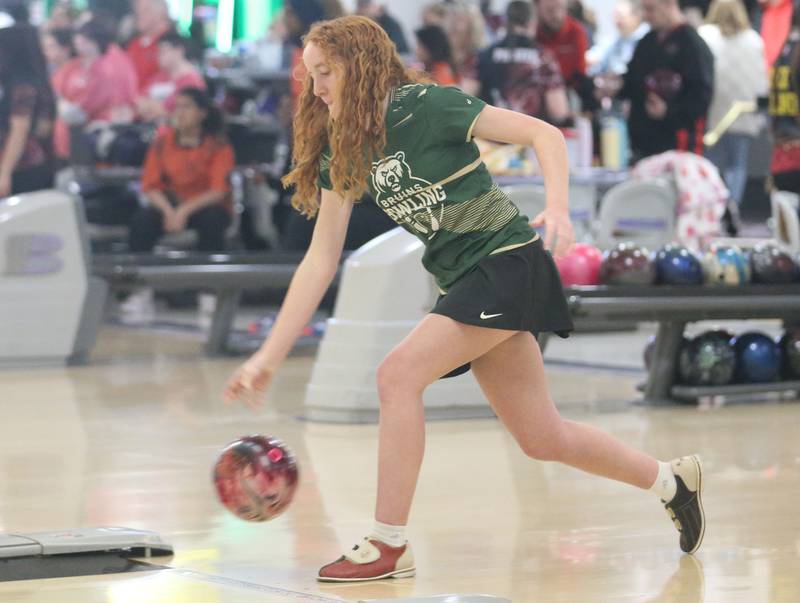 St. Bede's Lily Soliman bowls during the IHSA girls bowling Regional meet on Friday, Feb. 6, 2026 at the Illinois Valley Super Bowl in Peru.