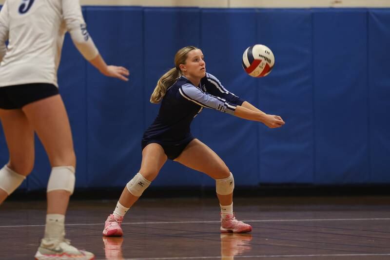 Plainfield South’s Kayla Baetzel receives a serve against Joliet Central on Thursday, Sept. 7, 2023vin Joliet.