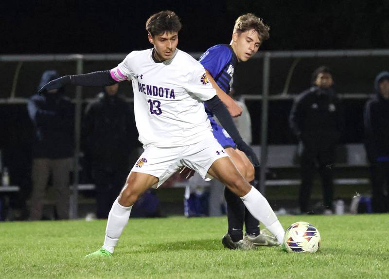 Mendota's Sebastian Carlos tries to keep Harvest-Westminster's Heitor Bannwart from getting to the ball Friday, Oct. 31, 2025, during the Class 1A Indian Creek Sectional championship game Friday in Waterman.